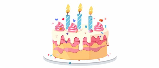 Frosted birthday cake on plain white background flat design side view festive party animation colored pastel