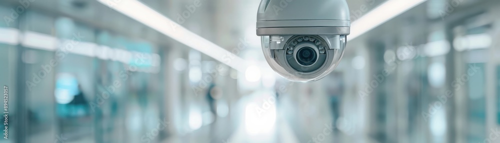 Poster close-up view of a security camera in a modern, well-lit corridor, emphasizing surveillance and secu