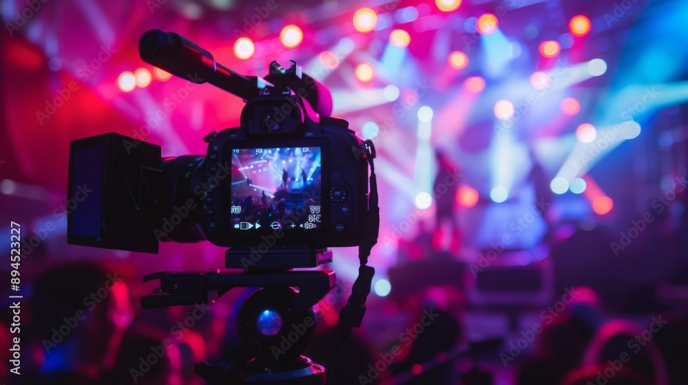 Poster A video camera is set up on a tripod, capturing a concert performance. The stage lights create a colorful and energetic atmosphere, while the audience is blurred in the background.