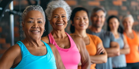 Group of diverse seniors smiling and standing in a row at a fitness class