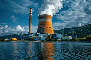 Fototapeta premium Industrial power plant with cooling tower and smokestack near a calm river on a cloudy day, reflecting in the water, surrounded by mountains.