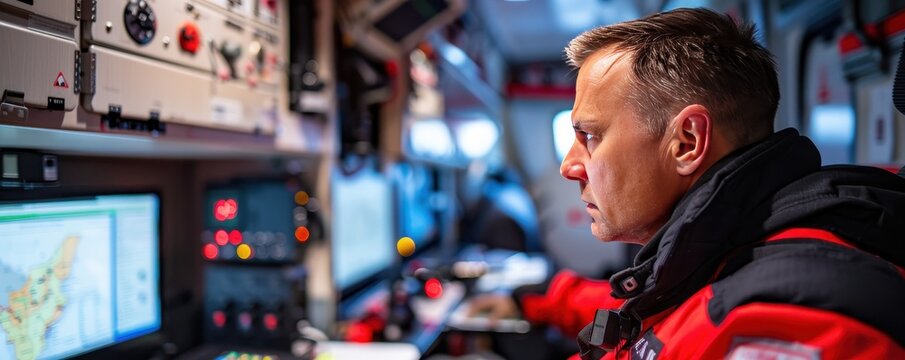 Focused coast guard officer operating communication system and navigation equipment in control room on a mission.