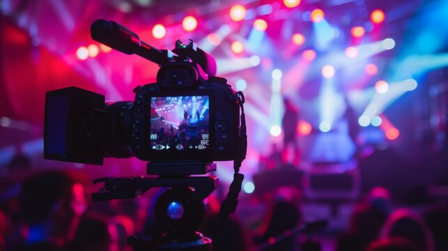 A video camera is set up on a tripod, capturing a concert performance. The stage lights create a colorful and energetic atmosphere, while the audience is blurred in the background.