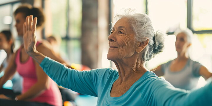 Senior woman practicing tai chi in a fitness class