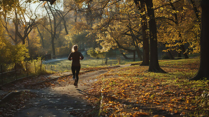 Fototapeta premium a woman jogging for her health in a secluded park in the sun, Generative AI