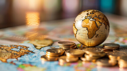 A small globe and stacks of coins placed on a world map, symbolizing global finance and economy.