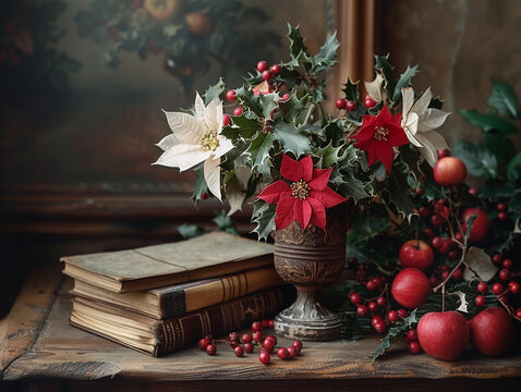 Red and White Poinsettia Flower Arrangement With Holly and Apples on a Wooden Tabletop