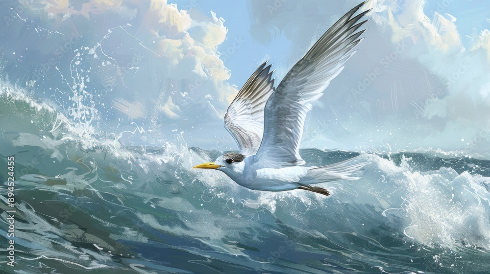 Poster A swift tern diving into the ocean to catch fish, wings folded back for streamlined flight.