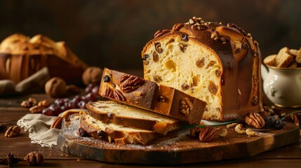 A traditional Italian panettone cake surrounded by slices of bread, nuts, and dried fruits, ready for dessert.