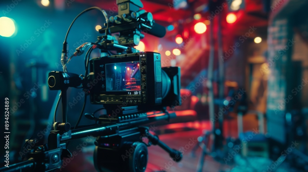 Poster a professional video camera is set up on a tripod, capturing footage in a dimly lit studio setting.
