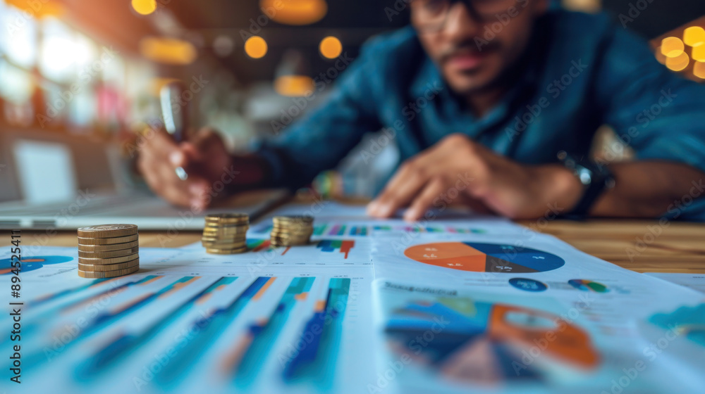 Poster close-up of financial documents, charts, and stacked coins with a person analyzing data in the backg