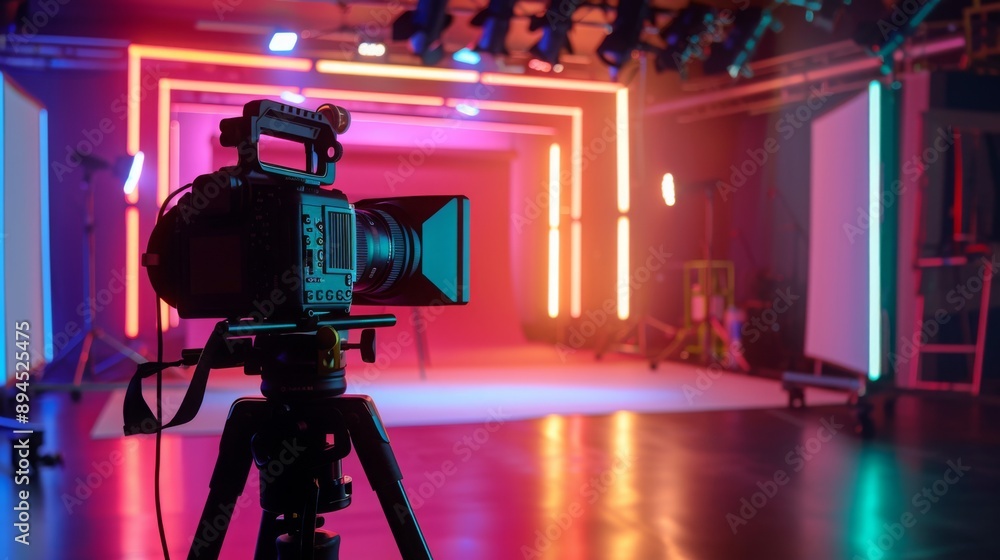 Poster a black camera on a tripod is set up in a studio with neon lights. the camera is pointed towards the