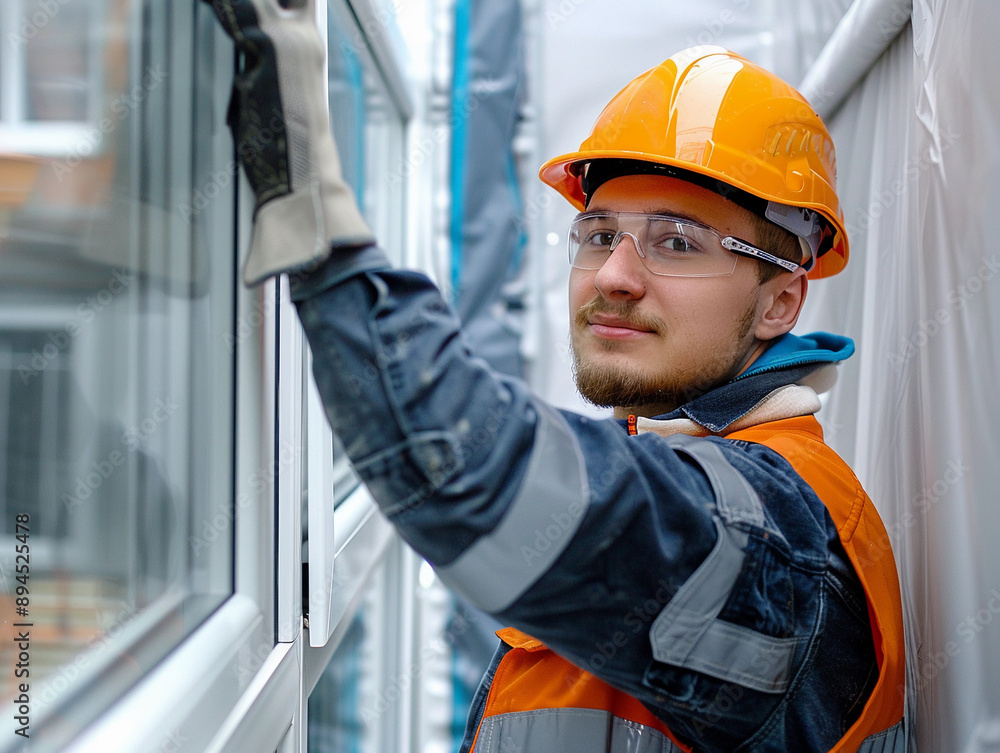 Poster construction worker installing a new window frame