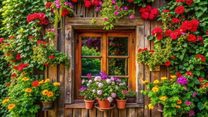 Fototapeta premium Vibrant flowers and lush greenery surround a vintage wooden window, exuding warmth and serenity, evoking feelings of joy and contentment.