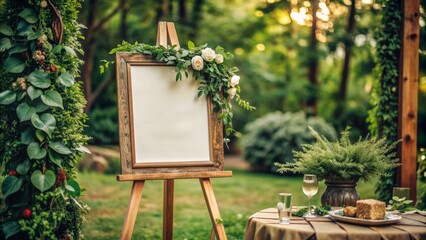 Rustic wooden easel holds blank vintage-inspired poster with elegant font at whimsical outdoor wedding setting with lush greenery backdrop.