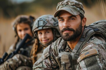 Fototapeta premium A soldier is shown with two young girls dressed in military gear, representing strength, protection, family, and the importance of service and unity in tough environments.