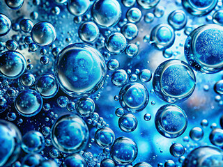 water drops background, An abstract close-up shot capturing the intricate details of blue textures and bubble formations