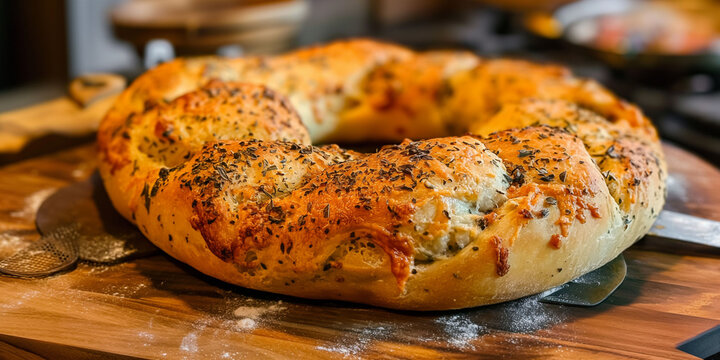 A freshly baked beigel or herb bread wreath is displayed on a wooden board. The mood is rustic and appetizing, ideal for themes of homemade bread, baking, and comfort food