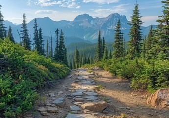 Fototapeta premium A rugged mountain path leading through a dense pine forest with alpine views