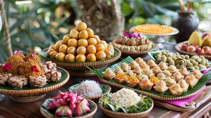 A traditional Thai dessert table with kanom krok (coconut pancakes), luk chup (fruit-shaped mung bean sweets), and more.