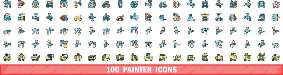 100 painter icons set. Color line set of painter vector icons thin line color flat on white