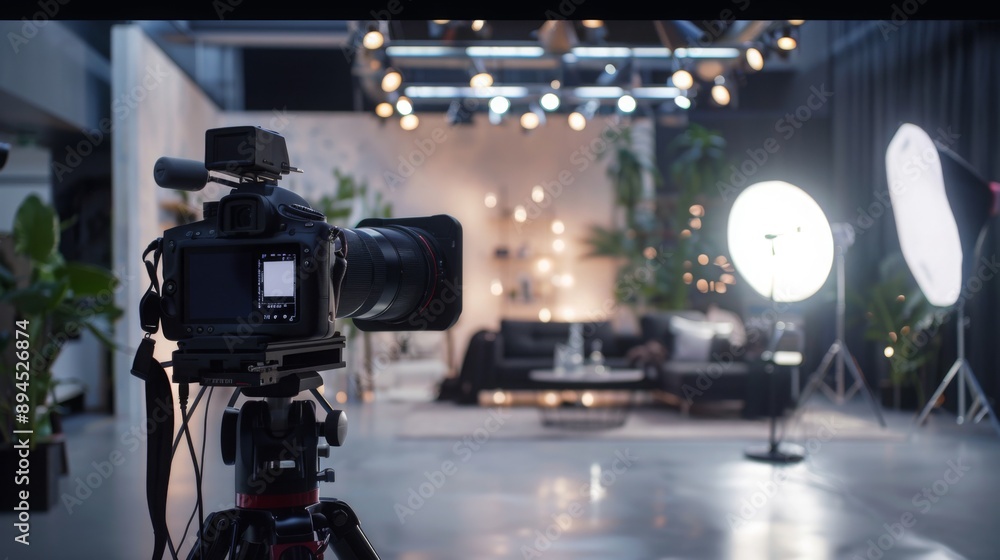 Aufkleber A video camera is set up on a tripod in a studio, ready to film a product shoot or interview. Lighting is in place, and a sofa is visible in the background.