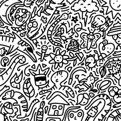 abstract doodle art filled with whimsical characters, plants, and random elements. Perfect for adding a fun and quirky touch to your design projects. Ideal for creative, artistic, and decorative use.
