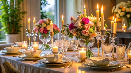 Elegant dinner table set with fine china, crystal glasses, and crisp white linens, adorned with candles and fresh flowers centerpiece.