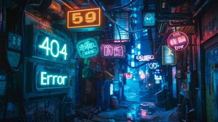 Obraz premium Neon Alley with 404 Error Signs