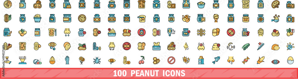 Poster 100 peanut icons set. color line set of peanut vector icons thin line color flat on white
