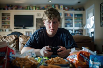 A heavyset obesity teenager, playing video games, surrounded by empty snack bags 