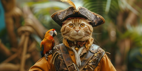 A cat dressed as a pirate with a parrot on its shoulder on a tropical background