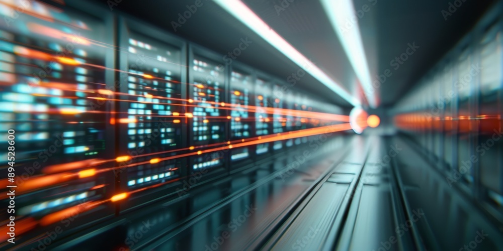 Poster server room with data flowing through