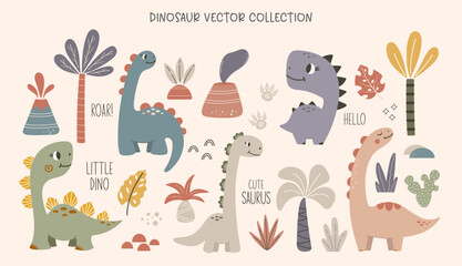Dinosaur vector clipart. Children's collection includes cute dinosaurs, palm trees, volcanoes, inscriptions and various elements. Dino baby. Colorful cute baby illustration.