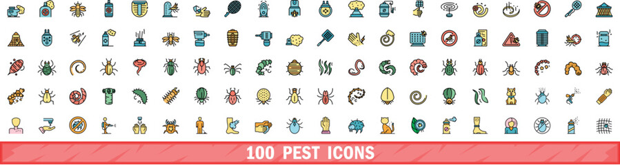100 pest icons set. Color line set of pest vector icons thin line color flat on white