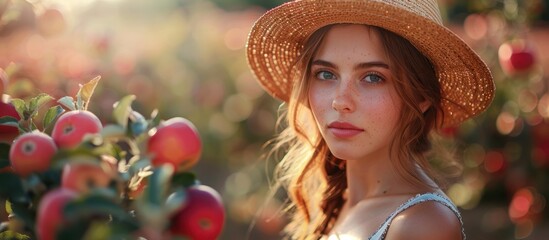 Obraz premium Portrait of a Young Woman in a Straw Hat