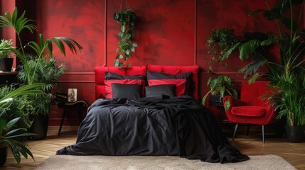 Chair beside red bed with black blanket in carpeted bedroom with plants. Real photo