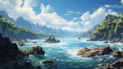 Fototapeta premium A beautiful coastal landscape showcasing a rocky coastline with prominent rocks forming a unique landscape.
