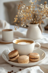 Fototapeta premium A cup of cappuccino on white plate and french macarons on cozy table in cafe or home The mood is cozy and indulgent, perfect for themes of coffee breaks, desserts, and comfort.