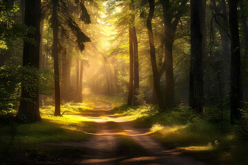 Obraz premium Serene forest pathway with sunlight filtering through the trees.