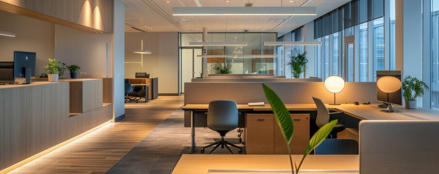 A stylish office space with LED lighting, casting a soft, ambient glow on modern desks, chairs, and collaborative work areas, promoting a productive and comfortable atmosphere.