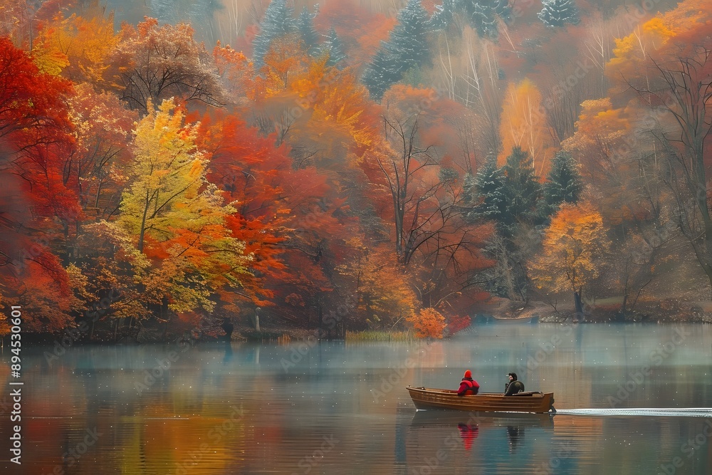 Wall mural a couple enjoying a boat ride on a tranquil lake, surrounded by autumn trees in full color