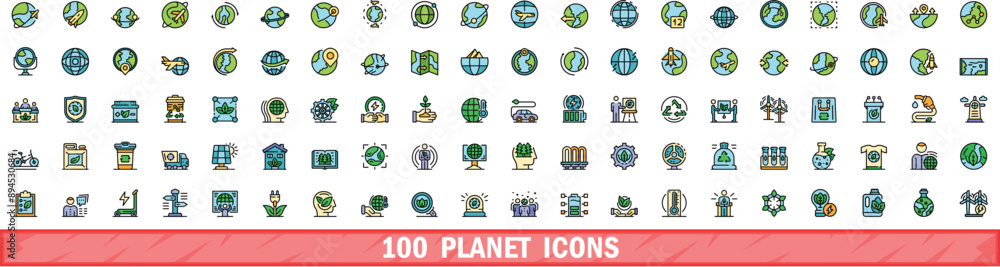 Poster 100 planet icons set. color line set of planet vector icons thin line color flat on white