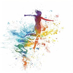 Fototapeta premium illustration of a woman diving and swimming gracefully, painted in a vibrant watercolor style with colorful splashes highlighting the fluidity and movement on a white background.