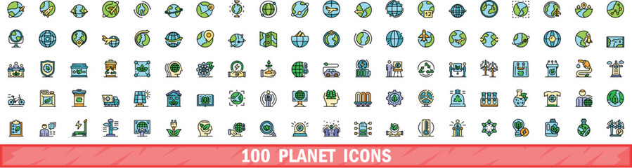 100 planet icons set. Color line set of planet vector icons thin line color flat on white