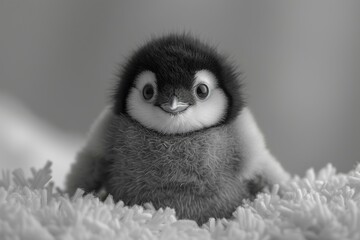 Fototapeta premium a penguin plush toy is illuminated by golden bokeh lights. The gentle snowfall and the soft fabric of the toy create a magical and festive feeling.