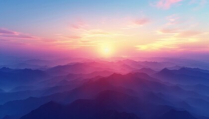 Serene Twilight Landscape Captured with a Wide-Angle Lens Majestic Mountains Silhouetted Against a Vibrant Sunset Sky, Evoking a Sense of Tranquility and Vastness