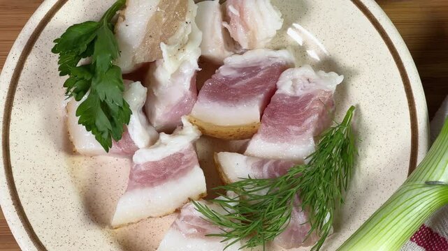 Salted pork fatback slices, bread and seasonings on cutting board