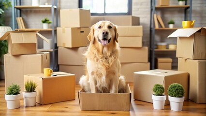 Adorable golden retriever sitting in cardboard box surrounded by chaotic moving mess of scattered boxes and packing supplies.