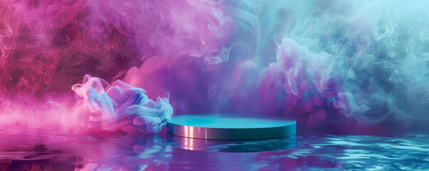 A glossy turquoise podium with an empty pedestal set against a metallic coral background, enveloped in swirling purple smoke. The contrasting colors and the gentle movement of the smoke create a